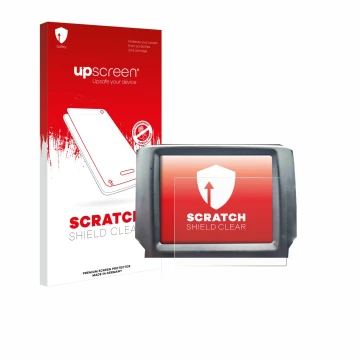 Parte frontal de un envase de producto con el logotipo de la marca upscreen. Al lado se muestra el dispositivo Uconnect 8.4