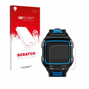 Parte frontal de un envase de producto con el logotipo de la marca upscreen. Al lado se muestra el dispositivo Garmin Forerunn
