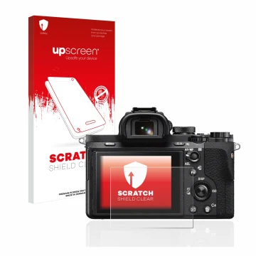 Parte frontal de un envase de producto con el logotipo de la marca upscreen. Al lado se muestra el dispositivo Sony Alpha 7 II