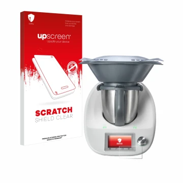 Parte frontal de un envase de producto con el logotipo de la marca upscreen. Al lado se muestra el dispositivo Vorwerk Thermom