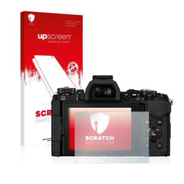 Parte frontal de un envase de producto con el logotipo de la marca upscreen. Al lado se muestra el dispositivo Olympus OM-D E-