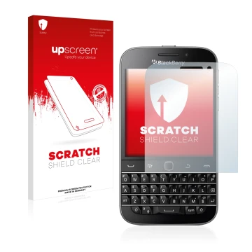 Parte frontal de un envase de producto con el logotipo de la marca upscreen. Al lado se muestra el dispositivo Blackberry Clas