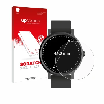 Parte frontal de un envase de producto con el logotipo de la marca upscreen. Al lado se muestra el dispositivo Relojes (Circul