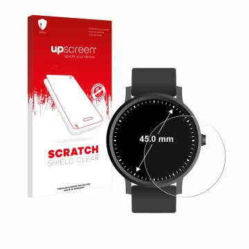 Parte frontal de un envase de producto con el logotipo de la marca upscreen. Al lado se muestra el dispositivo Relojes (Circul