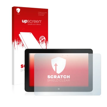 Parte frontal de un envase de producto con el logotipo de la marca upscreen. Al lado se muestra el dispositivo Dell Venue 11 P