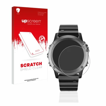 Parte frontal de un envase de producto con el logotipo de la marca upscreen. Al lado se muestra el dispositivo Garmin Fenix 3 