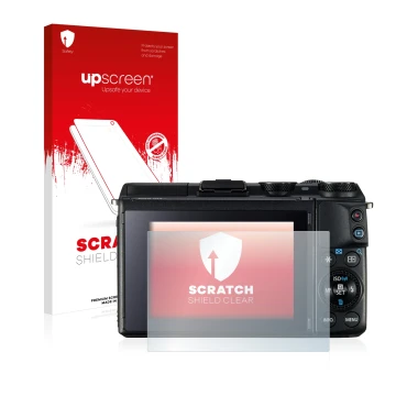 Parte frontal de un envase de producto con el logotipo de la marca upscreen. Al lado se muestra el dispositivo Canon EOS M3 co