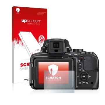 Parte frontal de un envase de producto con el logotipo de la marca upscreen. Al lado se muestra el dispositivo Nikon Coolpix P
