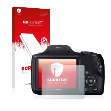 Parte frontal de un envase de producto con el logotipo de la marca upscreen. Al lado se muestra el dispositivo Canon PowerShot