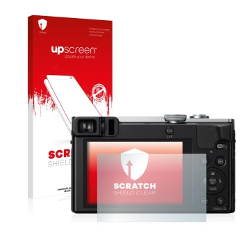 Parte frontal de un envase de producto con el logotipo de la marca upscreen. Al lado se muestra el dispositivo Panasonic Lumix