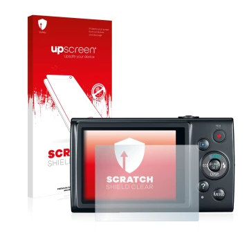 Parte frontal de un envase de producto con el logotipo de la marca upscreen. Al lado se muestra el dispositivo Canon IXUS 170 