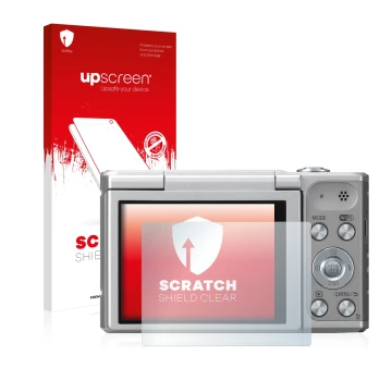 Parte frontal de un envase de producto con el logotipo de la marca upscreen. Al lado se muestra el dispositivo Panasonic Lumix