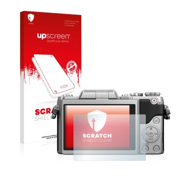 Parte frontal de un envase de producto con el logotipo de la marca upscreen. Al lado se muestra el dispositivo Panasonic Lumix