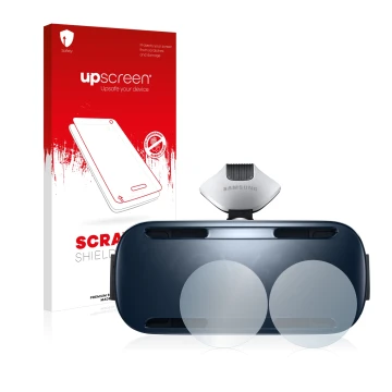 Parte frontal de un envase de producto con el logotipo de la marca upscreen. Al lado se muestra el dispositivo Samsung Gear VR
