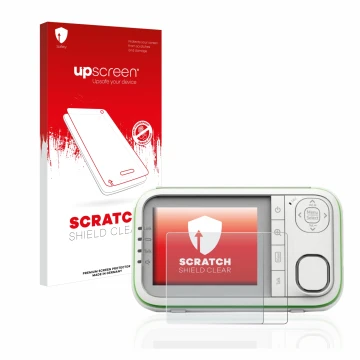 Parte frontal de un envase de producto con el logotipo de la marca upscreen. Al lado se muestra el dispositivo Belkin Baby 100