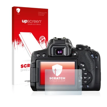 Parte frontal de un envase de producto con el logotipo de la marca upscreen. Al lado se muestra el dispositivo Canon EOS 750D 
