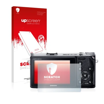 Parte frontal de un envase de producto con el logotipo de la marca upscreen. Al lado se muestra el dispositivo Samsung NX500 c