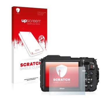 Parte frontal de un envase de producto con el logotipo de la marca upscreen. Al lado se muestra el dispositivo Nikon Coolpix A