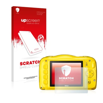 Parte frontal de un envase de producto con el logotipo de la marca upscreen. Al lado se muestra el dispositivo Nikon Coolpix S