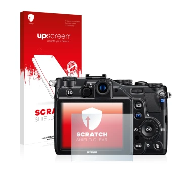 Parte frontal de un envase de producto con el logotipo de la marca upscreen. Al lado se muestra el dispositivo Nikon Coolpix S