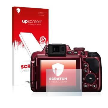 Parte frontal de un envase de producto con el logotipo de la marca upscreen. Al lado se muestra el dispositivo Nikon Coolpix P