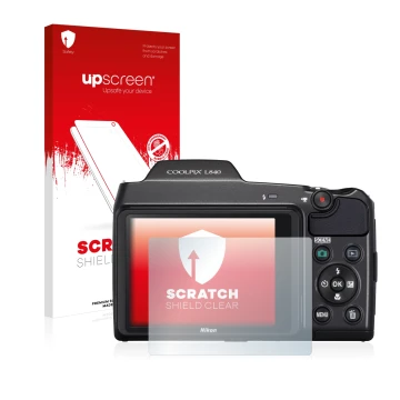 Parte frontal de un envase de producto con el logotipo de la marca upscreen. Al lado se muestra el dispositivo Nikon Coolpix L