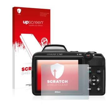 Parte frontal de un envase de producto con el logotipo de la marca upscreen. Al lado se muestra el dispositivo Nikon Coolpix L