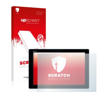 Parte frontal de un envase de producto con el logotipo de la marca upscreen. Al lado se muestra el dispositivo Sony Xperia Z4 