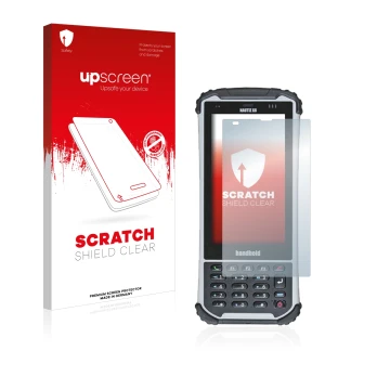 Parte frontal de un envase de producto con el logotipo de la marca upscreen. Al lado se muestra el dispositivo Handheld Nautiz