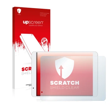 Parte frontal de un envase de producto con el logotipo de la marca upscreen. Al lado se muestra el dispositivo Teclast X89HD c