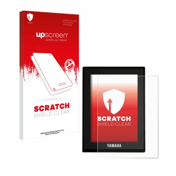 Parte frontal de un envase de producto con el logotipo de la marca upscreen. Al lado se muestra el dispositivo Yamaha LCD Disp