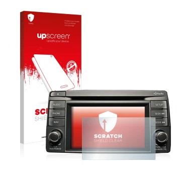 Parte frontal de un envase de producto con el logotipo de la marca upscreen. Al lado se muestra el dispositivo Mazda CX-5 2012