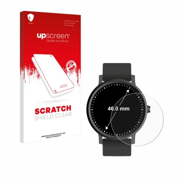 Parte frontal de un envase de producto con el logotipo de la marca upscreen. Al lado se muestra el dispositivo Relojes (Circul