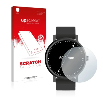 Parte frontal de un envase de producto con el logotipo de la marca upscreen. Al lado se muestra el dispositivo Relojes (Circul
