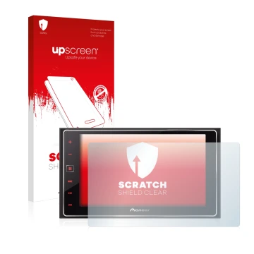 Parte frontal de un envase de producto con el logotipo de la marca upscreen. Al lado se muestra el dispositivo Pioneer SPH-DA1
