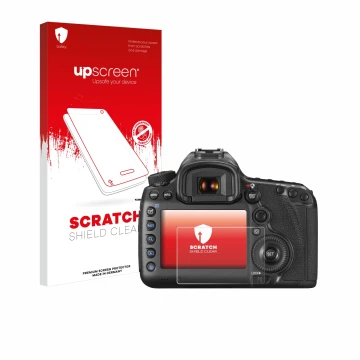 Parte frontal de un envase de producto con el logotipo de la marca upscreen. Al lado se muestra el dispositivo Canon EOS 5DS R