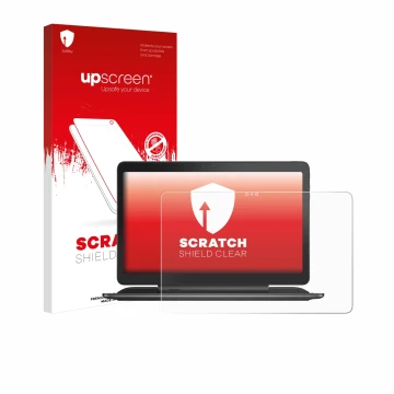 Parte frontal de un envase de producto con el logotipo de la marca upscreen. Al lado se muestra el dispositivo Dell Latitude 1