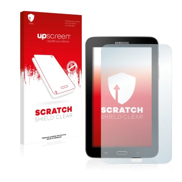 Parte frontal de un envase de producto con el logotipo de la marca upscreen. Al lado se muestra el dispositivo Samsung Galaxy 