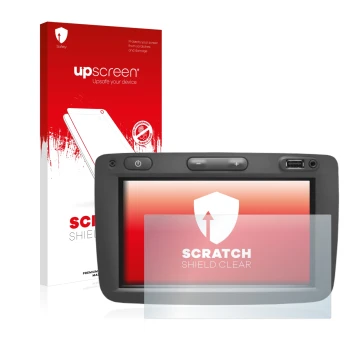 Parte frontal de un envase de producto con el logotipo de la marca upscreen. Al lado se muestra el dispositivo Dacia Media Nav