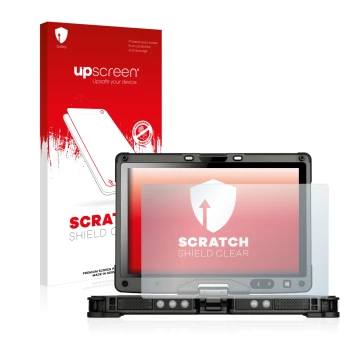 Parte frontal de un envase de producto con el logotipo de la marca upscreen. Al lado se muestra el dispositivo Getac V110 con 