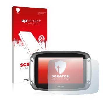 Parte frontal de un envase de producto con el logotipo de la marca upscreen. Al lado se muestra el dispositivo TomTom Rider 40