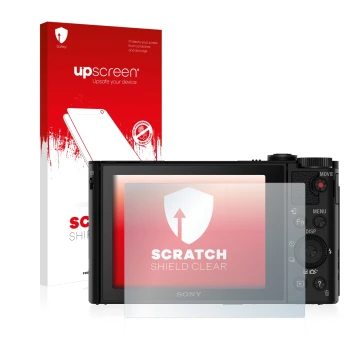 Parte frontal de un envase de producto con el logotipo de la marca upscreen. Al lado se muestra el dispositivo Sony Cyber-Shot