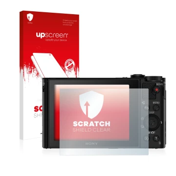 Parte frontal de un envase de producto con el logotipo de la marca upscreen. Al lado se muestra el dispositivo Sony Cyber-Shot