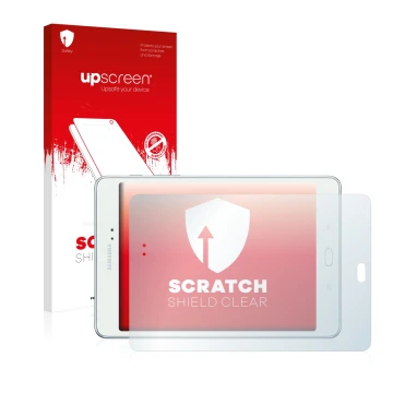 Parte frontal de un envase de producto con el logotipo de la marca upscreen. Al lado se muestra el dispositivo Samsung Galaxy 