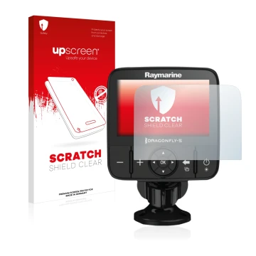 Parte frontal de un envase de producto con el logotipo de la marca upscreen. Al lado se muestra el dispositivo Raymarine Drago