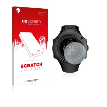 Parte frontal de un envase de producto con el logotipo de la marca upscreen. Al lado se muestra el dispositivo Suunto Ambit3 R