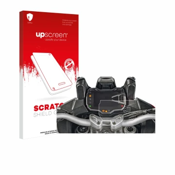 Parte frontal de un envase de producto con el logotipo de la marca upscreen. Al lado se muestra el dispositivo Ducati Multistr