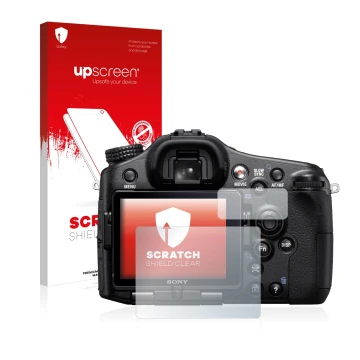 Parte frontal de un envase de producto con el logotipo de la marca upscreen. Al lado se muestra el dispositivo Sony Alpha 77 (