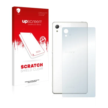 Parte frontal de un envase de producto con el logotipo de la marca upscreen. Al lado se muestra el dispositivo Sony Xperia Z4 