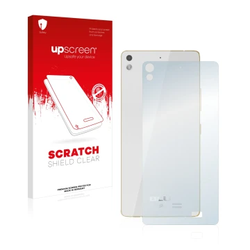 Parte frontal de un envase de producto con el logotipo de la marca upscreen. Al lado se muestra el dispositivo BLU Vivo Air (T